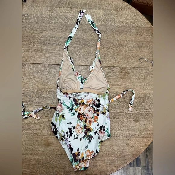 Anthropologie Allihop Ruffle Floral Halter Ruching Tie Waist One-Piece Swimsuit - Picture 5 of 13